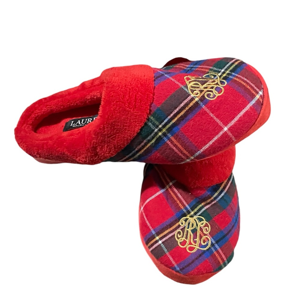 Ralph Lauren Tartan Monogram Slippers, Size Medium (7-8)